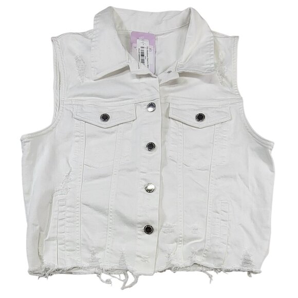 Risen Madison Vest White Sleeveless Collar Button Frayed Womens Size L New - Picture 1 of 10